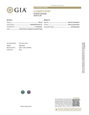 GIA certified 0.46ct natural alexandrite round gemstone with blush green to grayish purple color shift